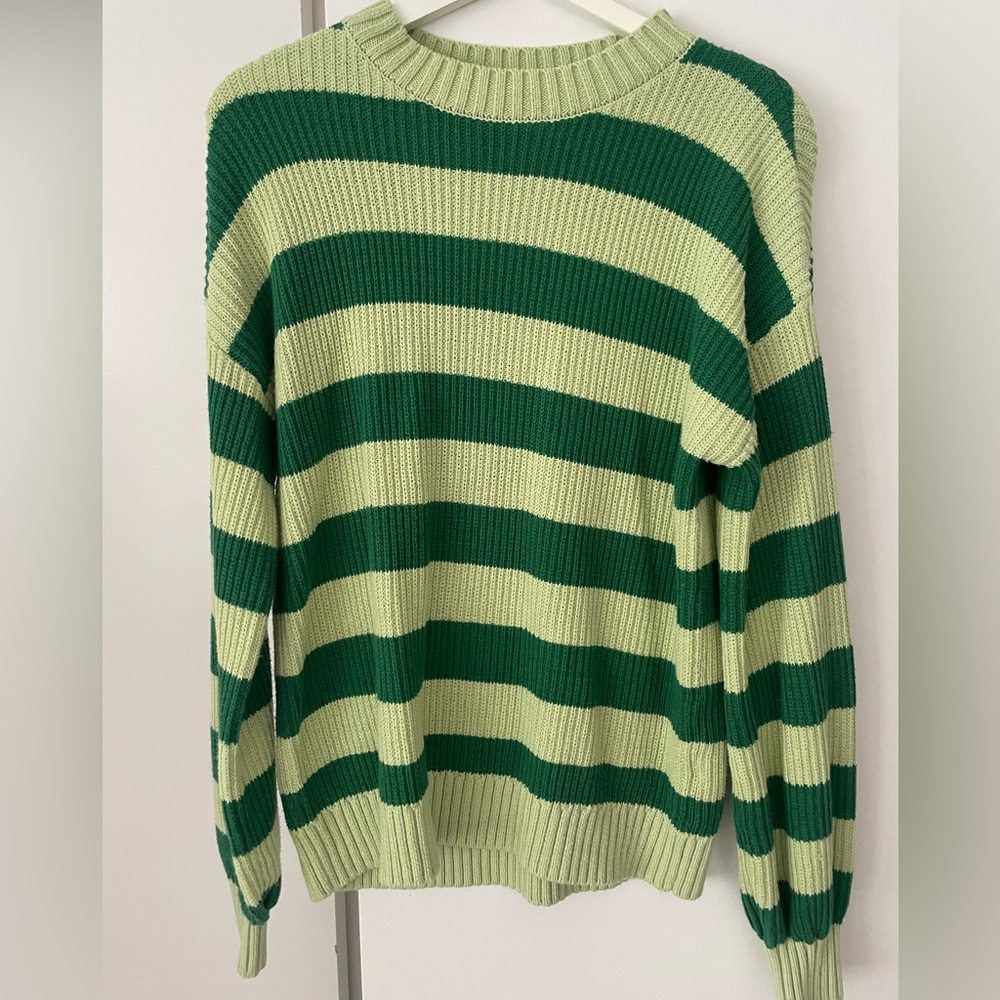 Striped Crewneck Sweater in Light Green & Forest Green